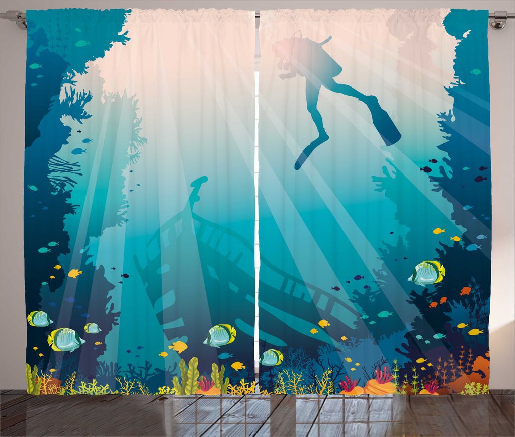 ABAKUHAUS Leben im Meer Rustikaler Vorhang, Unterwasser-Elemente Diver, Wohnzimmer Universalband Gardinen mit Schlaufen und Haken, 280 x 175 cm, Bl...