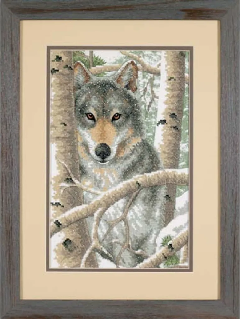 Canevas Point de Croix Loup en Hiver pour Déco Murale DIY 22,8x35,5cm