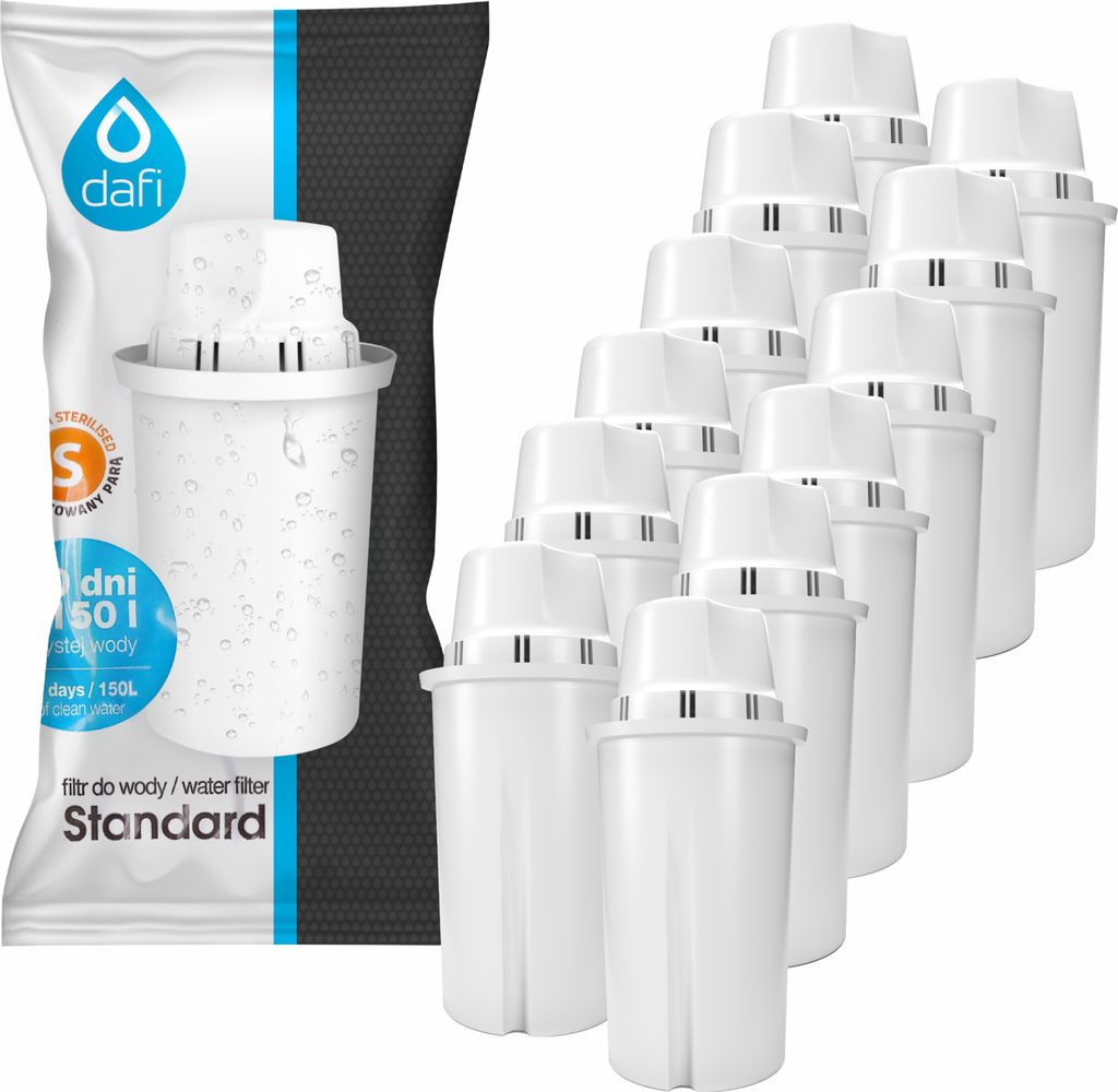 A package of Dafi water filters and a collection of water filters.