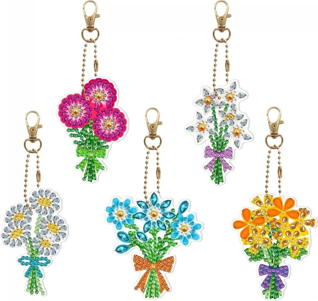 Porte-clés broderie diamantée fleurs - Pack de 5 kits DIY complets