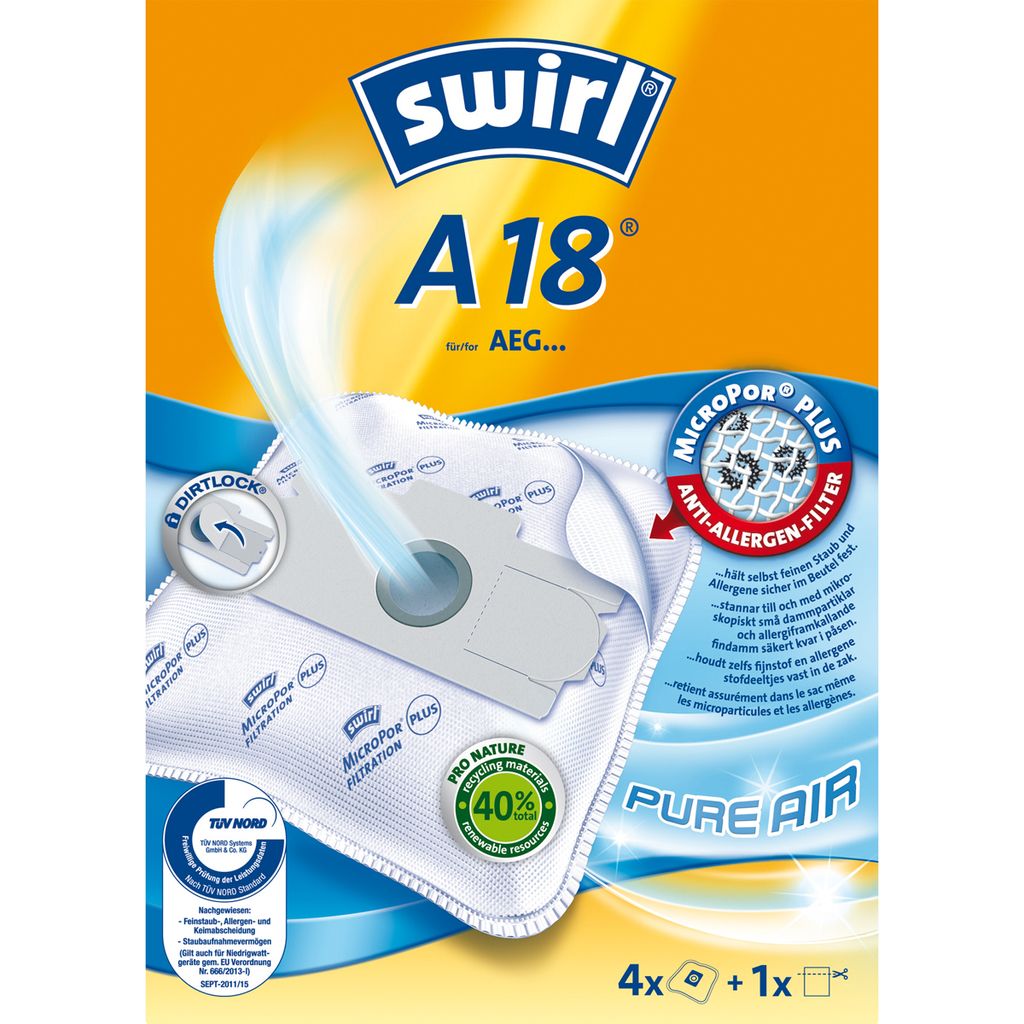 Packaging for Swirl A18 vacuum cleaner bags.