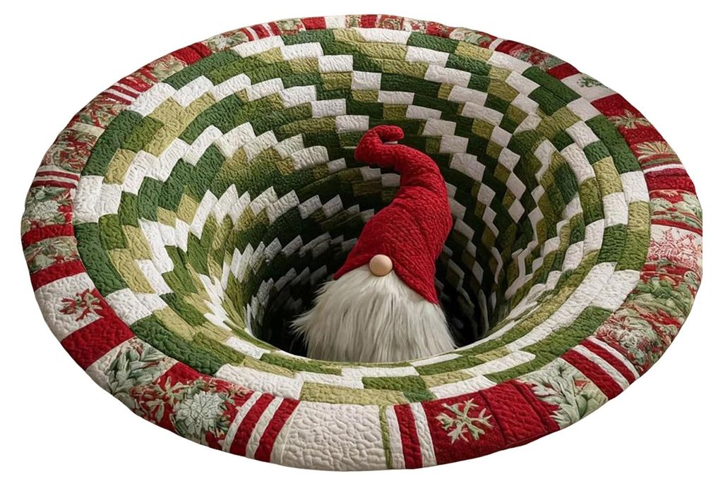 Weihnachtsteppich mit 3D-Motiv: Weihnachtsmann, Gnom und Hund. Gesteppter, runder Wirbelteppich mit rutschfester, optischer Illusion und Tiefenmust...