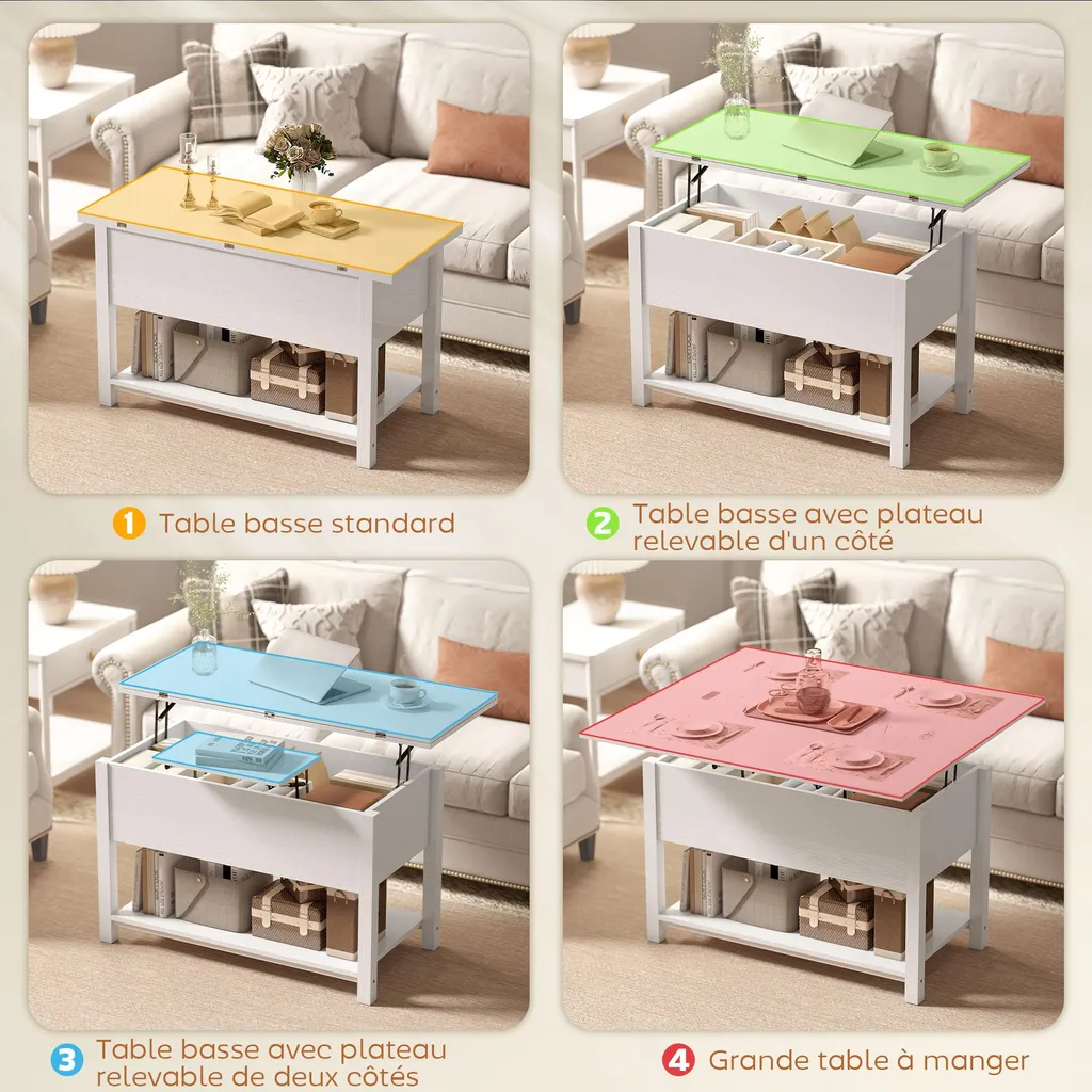 HOMCOM Table basse relevable et extensible en blanc, 100x45x50,5 cm - 6