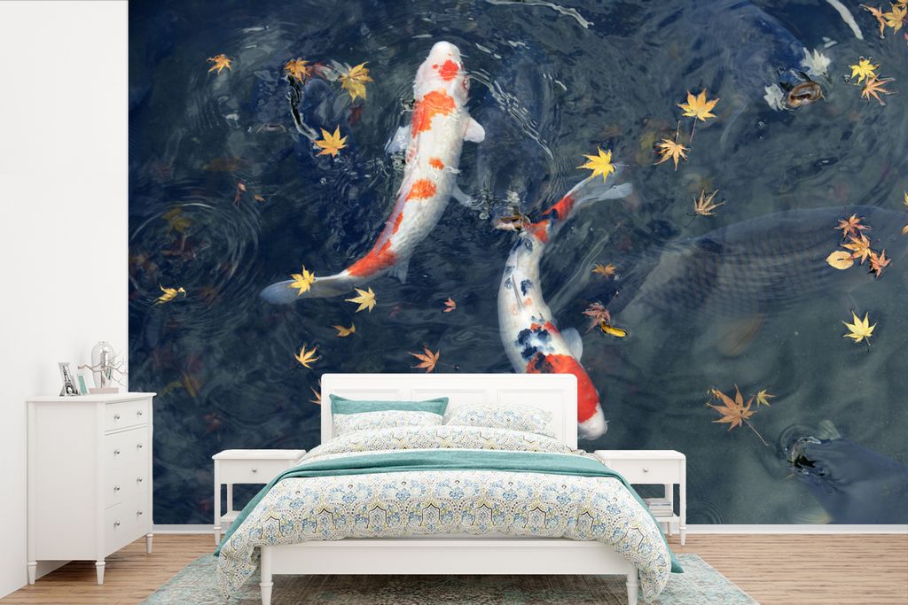 MuchoWow Fototapete für Wohnzimmer oder Schlafzimmer Wandtapete Vinyl Motivtapete Zwei Koi-Kutter schwimmen zwischen kleinen Blättern - 525x350...