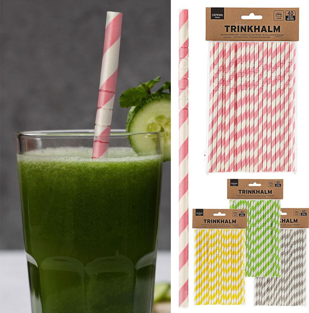 Trinkhalm 420 Stück 20x0,6cm Papier gelb grau grün rosa gestreift Strohhalm Papierstrohhalme Shake-Halme
