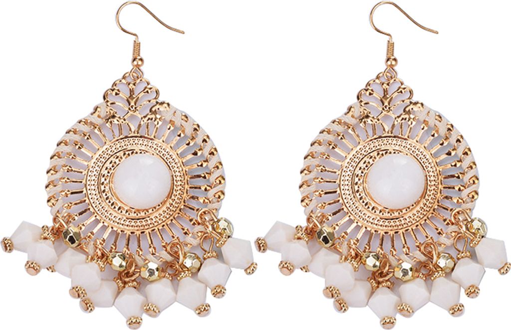 Böhmen Frauen Mode Retro Quaste Perlen Runde Tropfen Baumeln Haken Ohrring Schmuck-Weiß