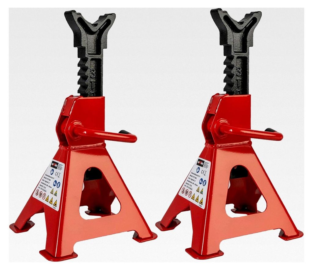 2 Stück Unterstellböcke, 3 Tonnen Traglast, Hubhöhe 280 – 424 mm, höhenverstellbar, Ratschenmechanismus, massive Ausführung