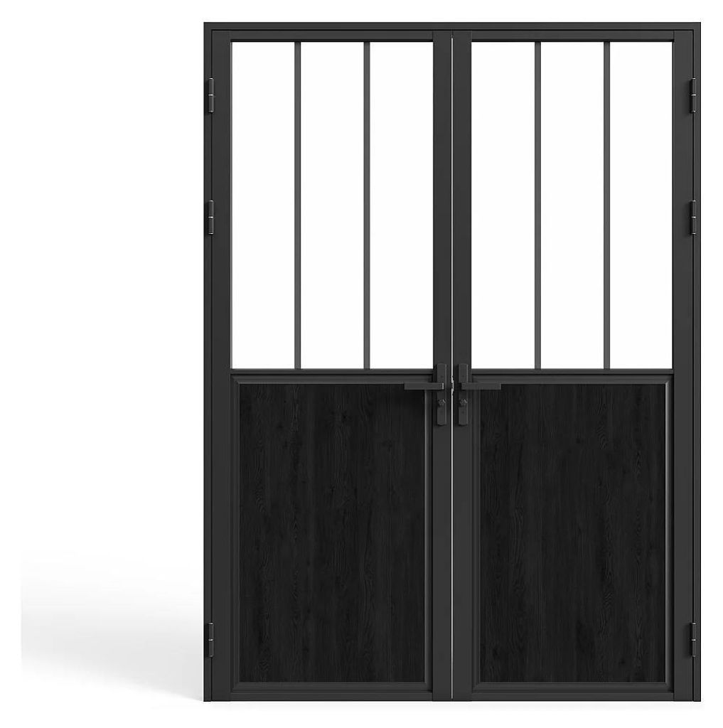 Komplette 2-flügelige Doppeltür aus Aluminium und gehärtetem Glas im industriellen Stil - H 204 x B 146 cm - ERMELO