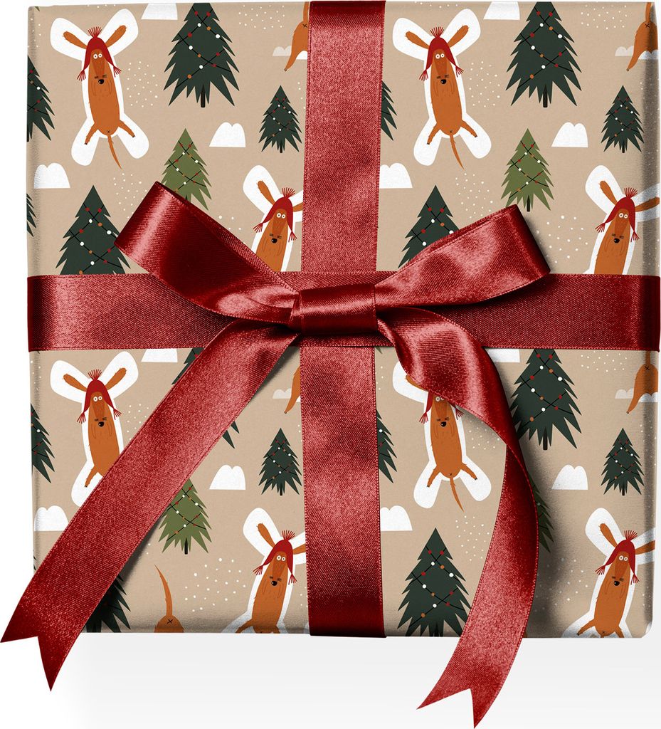 Komisches Hunde Weihnachts Geschenkpapier mit Weihnachts Hund im Schnee, beige - G22162, 32 x 48cm
