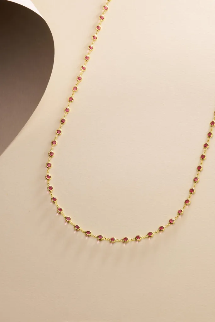 Collier long 90 cm pour robe de soirée - Argent doré zircons rouges