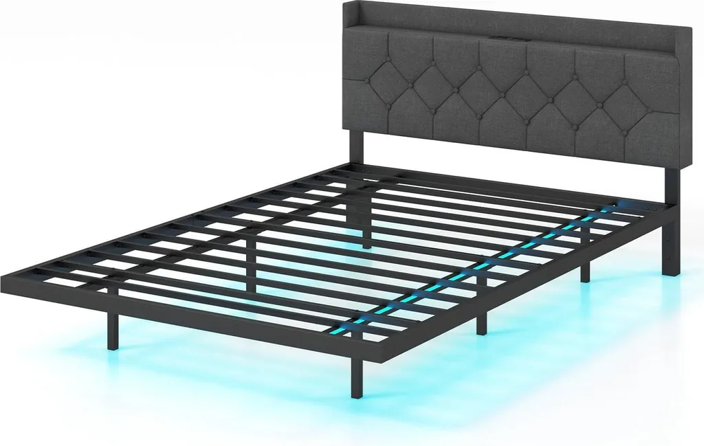 Lit double moderne gris avec sommier à lattes, ports USB et éclairage LED