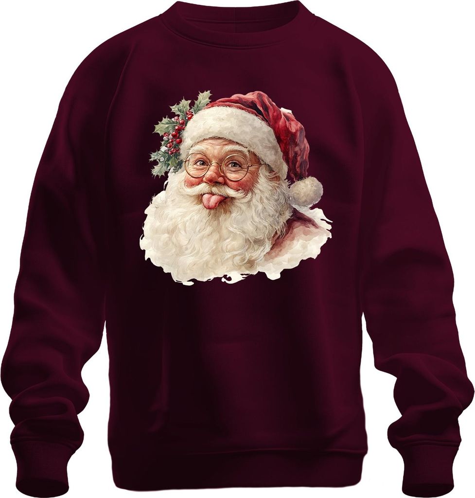 Weihnachtsmann Zunge raus Brille Stechpalme Lustig Aquarell Uni Sweatshirt Pullover, Burgundy, M