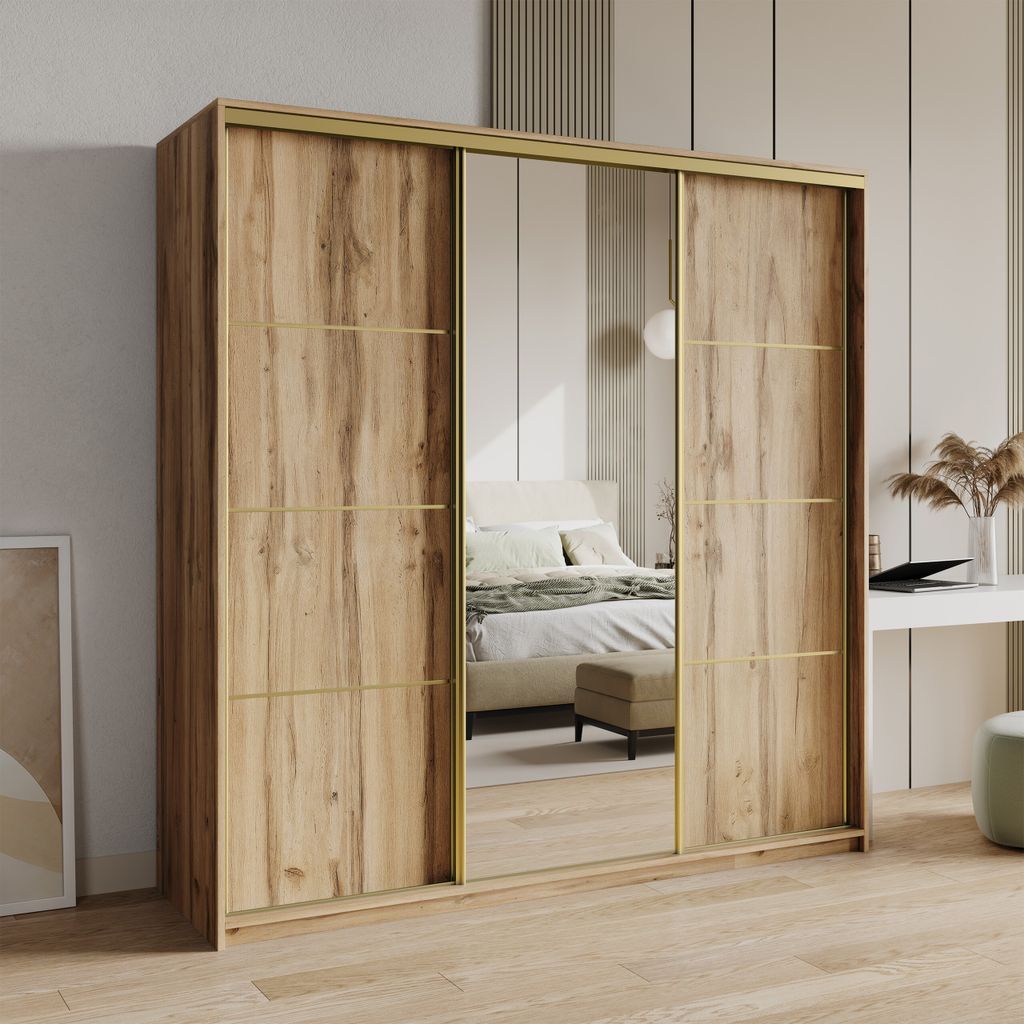 Masseno Schiebetürenschrank VARO 200/205/60 cm Kleiderschrank mit Schubladen Schlafzimmer Schrank 3-türig mit Spiegel Eiche Wotan + Gold