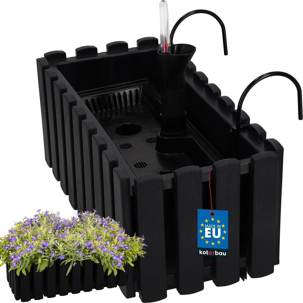 KOTARBAU Blumenkasten Balkon Blumentopf Selbstbewässernd 38x18x16cm Anthrazit Kunststoff Blumentopf Balkongeländer Bewässerungssystem Blumenka...