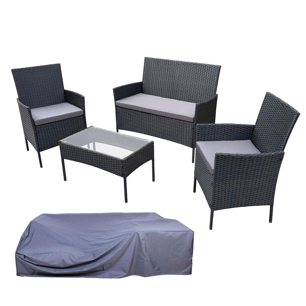 SVITA BROOKLYN Set Gartenlounge 4-teilig mit Abdeckhaube Polyrattan Lounge Set wetterfest Garten Terrasse Balkon inkl. Kissen Glas Tisch Schwarz
