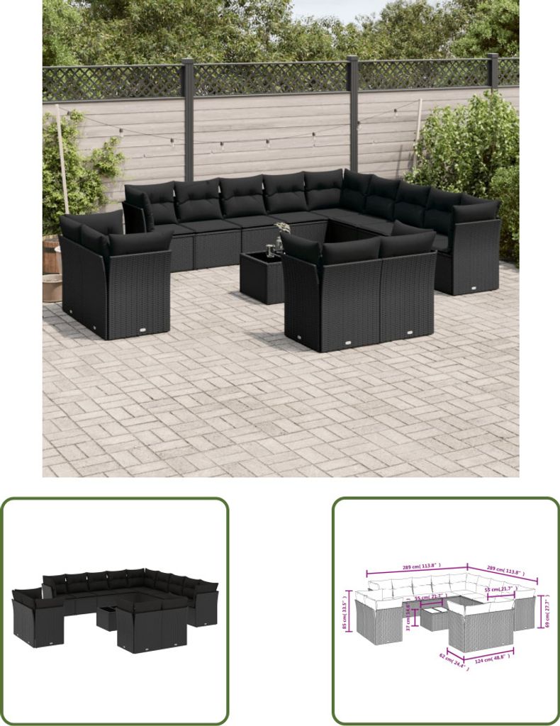 The Living Store 14-tlg. Garten-Sofagarnitur mit Kissen Schwarz Poly Rattan