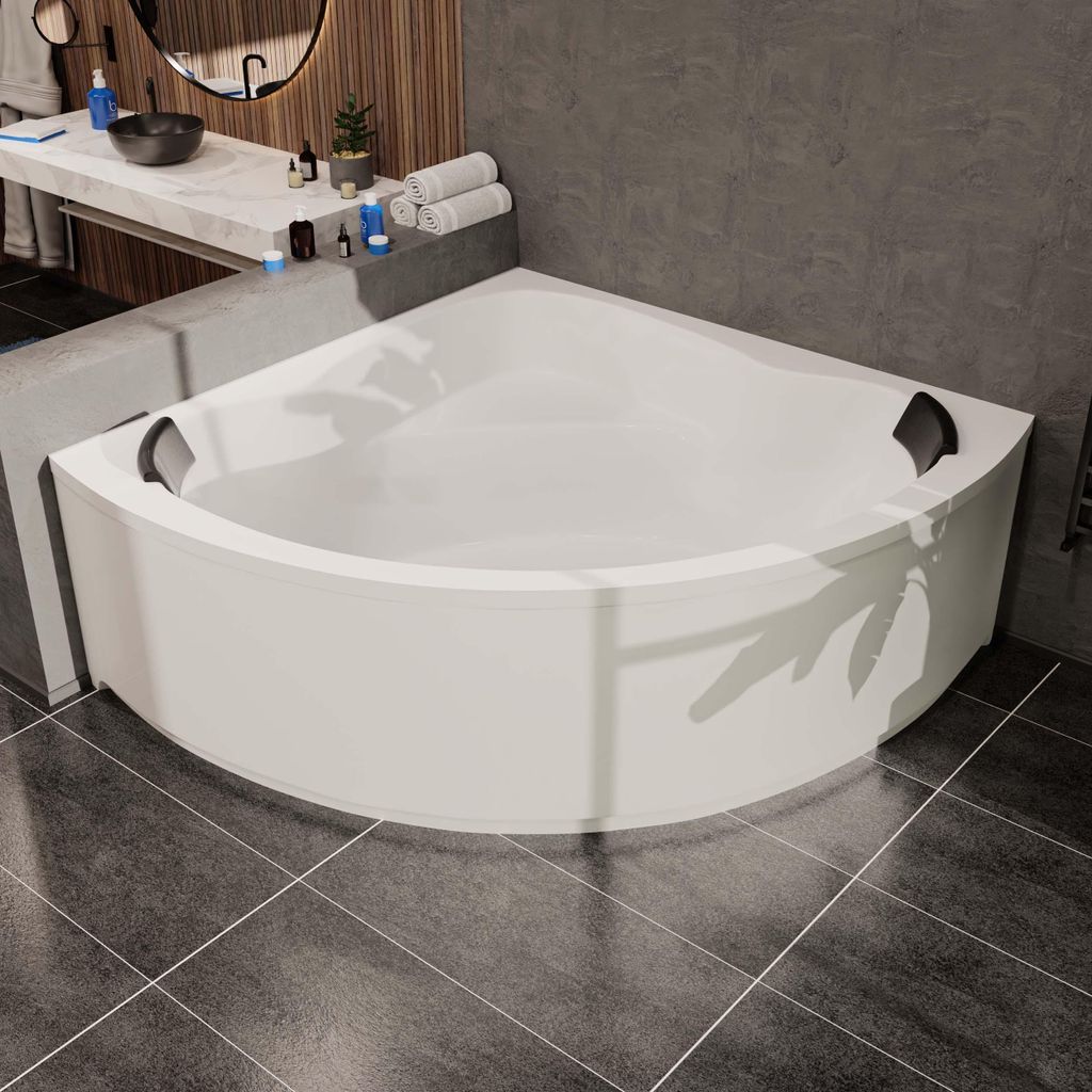 Aquade Acryl Eckbadewanne 140x140cm Koblenz & Wannenfüßen + Schürze + Ab-Überlaufgarnitur mit Zulauf + Nackenkissen