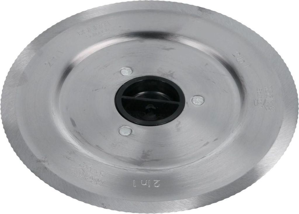 A close-up, top-down view of a circular metal blade with a black plastic center.