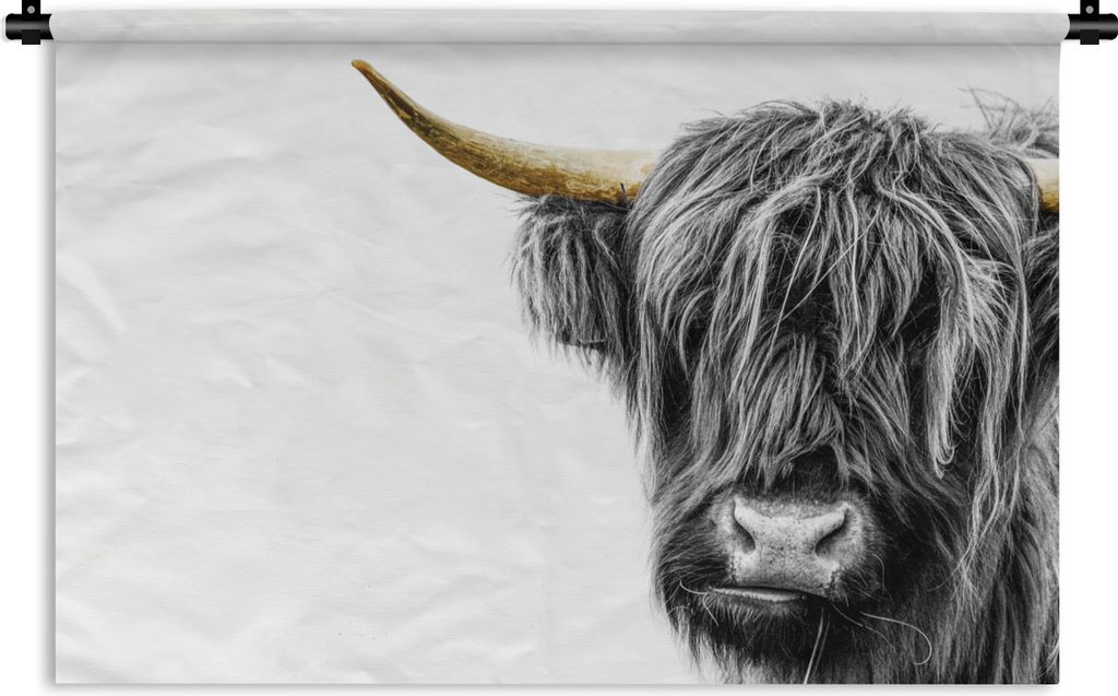 MuchoWow Wandteppich Wandbehang Scottish Hochlandrind - Weiß - Schwarz & Gold 150x100 cm Tapisserie Dekoration Wandtuch - Waschbar - Tapisserien...