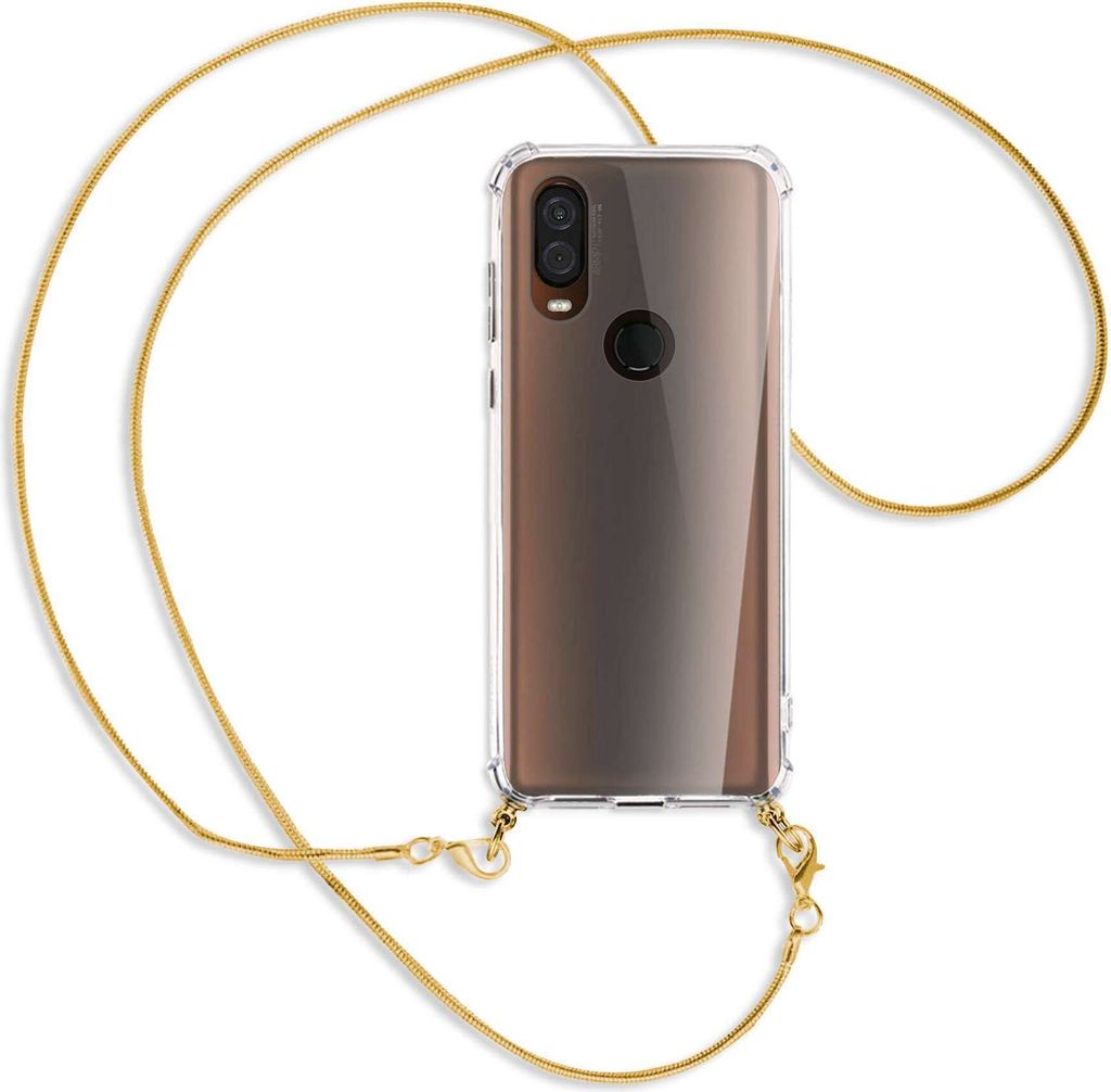 Handykette Backcover-Schutzhülle mit Band (Metall goldfarben) für Motorola One Vision - goldfarbene Kette Snake
