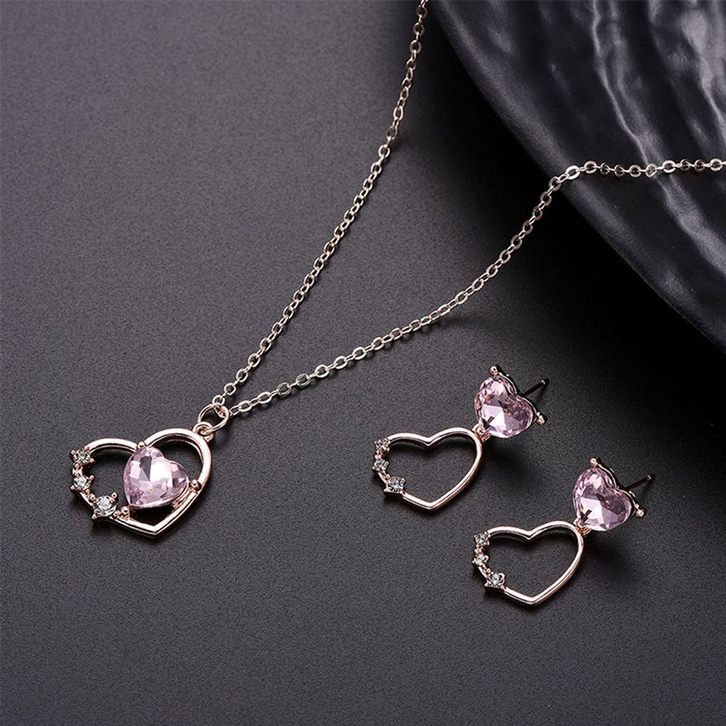Strass Hohl Liebe Herz Schmuck Set Frauen Halskette Ohrringe Brautschmuck