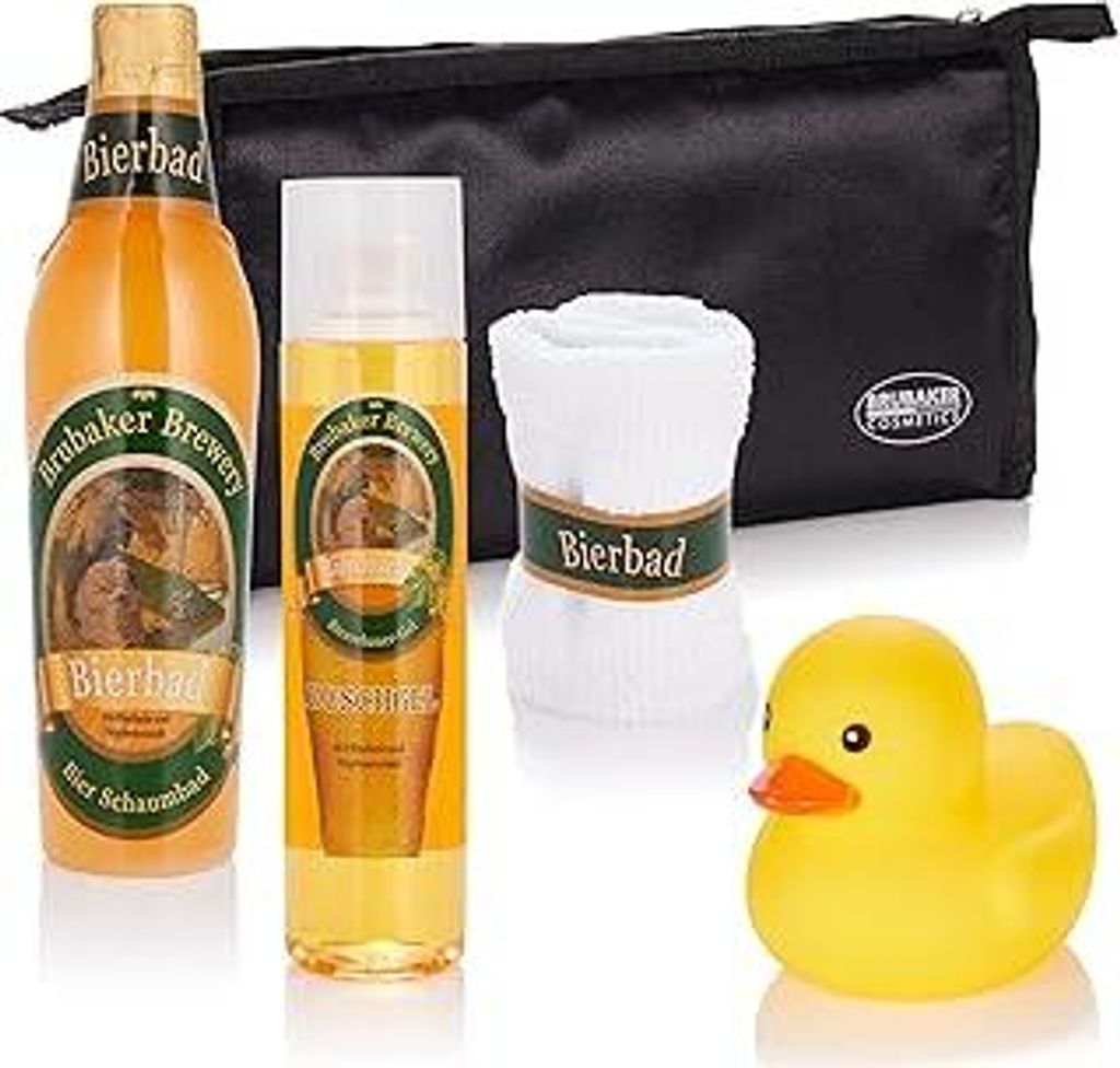 BRUBAKER Cosmetics Bier Badeset Geschenkset für Männer mit Kulturbeutel, Waschlappen und Quietscheente