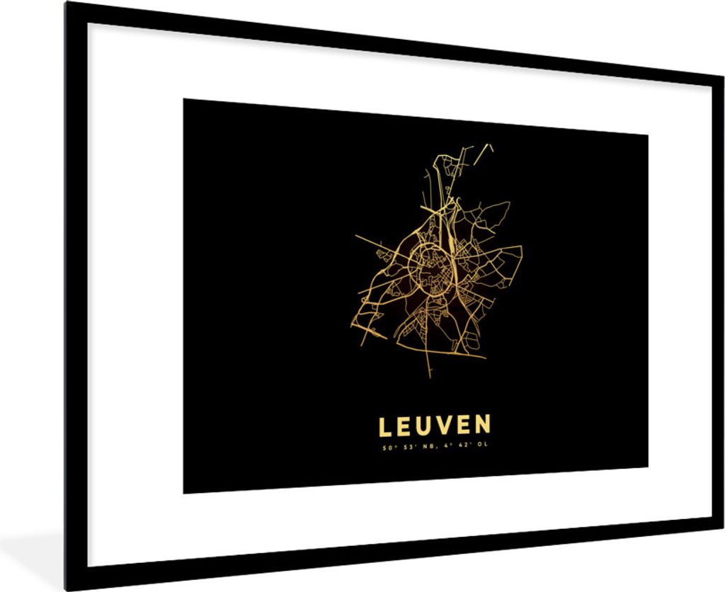 MuchoWow Gerahmtes Poster Leuven - Belgien - Stadtplan - Gold - Karte 90x60 cm - Poster mit Schwarzem Bilderrahmen Wandposter Rahmen Foto Bilder ...