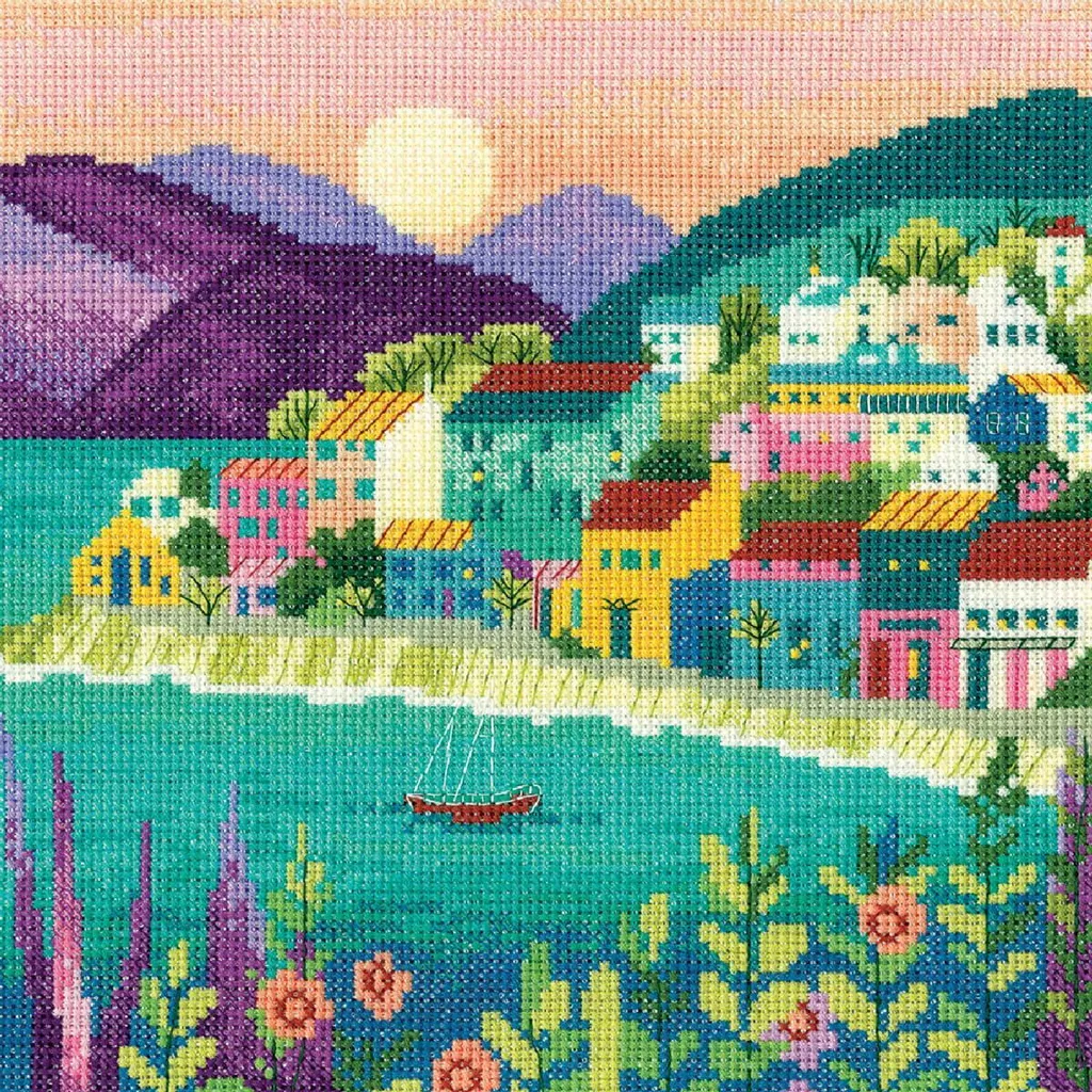Kit point de croix compté Heritage Crafts toile Aida Le port paisible 20cm