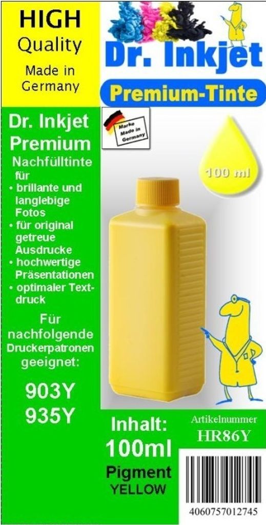 HR86Y - yellow - Dr.Inkjet Pigmentierte Premium Nachfülltinte in 100ml Abfüllung für Ihren HP Drucker