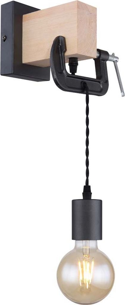 Wandleuchte, Metall, Holz, Schwarz, Hell, Schraubzwinge