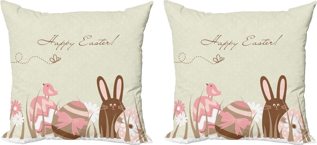 ABAKUHAUS Ostern Kissenbezug Set (2Stück), Pastelltöne Eier Vögel und Häschen Happy Easter Beschriftung Polka Punktiert Muster, 45 x 45 cm, Meh...