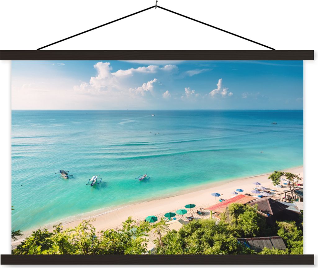 MuchoWow Textilposter Strand - Meer - Boot - Bali 60x40 cm mit schwarzem Rahmen - Hölzernes