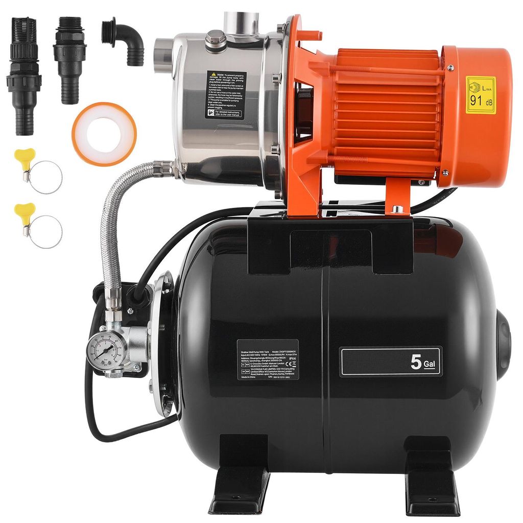 SucceBuy Hauswasserwerk 1176 W, 6000 L/h Jetpumpe mit 19 L Drucktank, 57 m Förderhöhe, mit automatischem Wasserfördersystem und Edelstahlpumpenk...