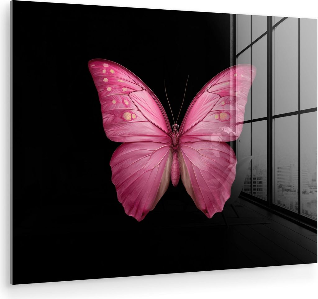 MuchoWow Glasbilder - Bilder auf Wandbild - Foto auf Glas Schmetterling - Rosa - Elegant 40x30 cm Wanddekoration aus Glas - Acrylglasbild - Acrylbi...