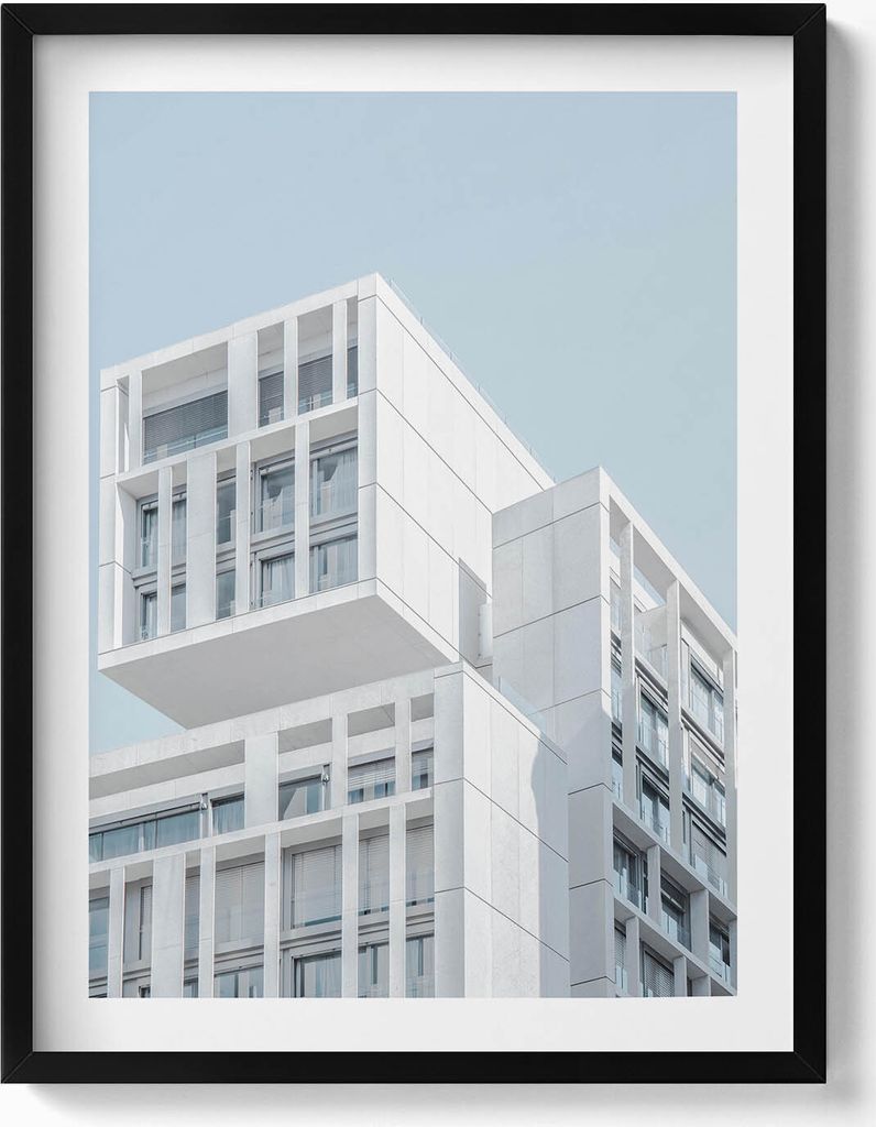 Weiße minimalistische Gebäudearchitektur– Wandbild mit Rahmen – Gerahmtes Bild – Wanddekoration – 60x80 cm – Schwarz Rahmen