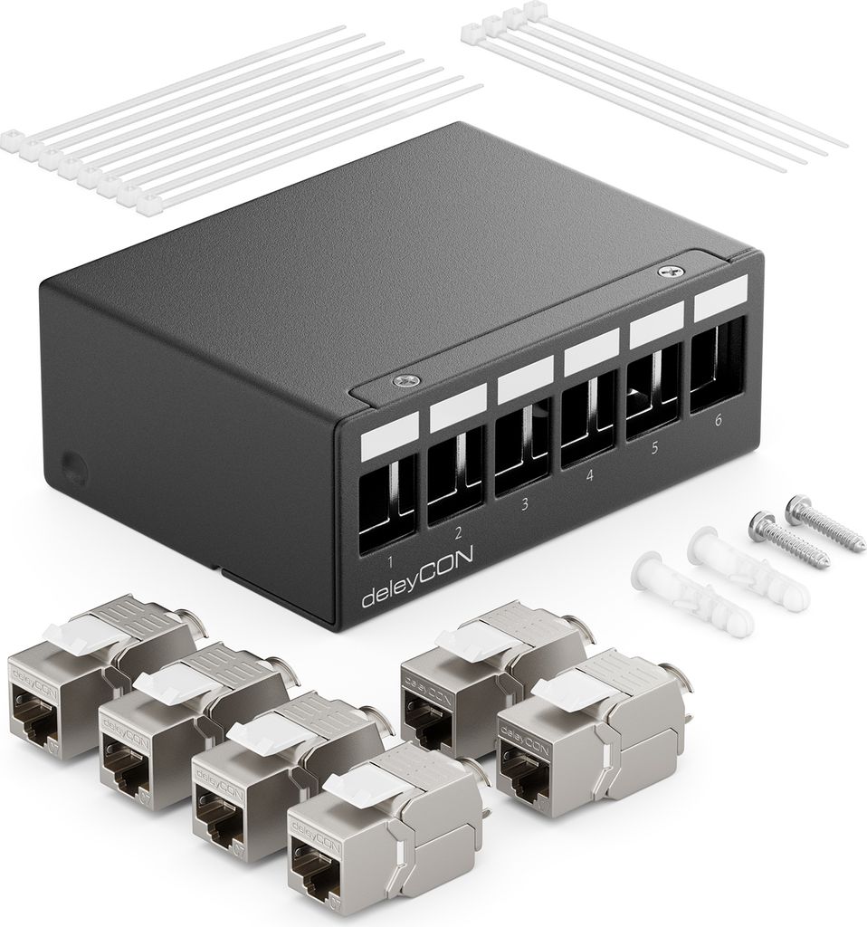 deleyCON 6 Port CAT7 Patchpanel Set mit 6x CAT.7 RJ45 Keystone Jack Modul STP 10 Gbit/s - Verteilerfeld Kompatibel mit Verlegekabel CAT6 CAT6a CAT7...