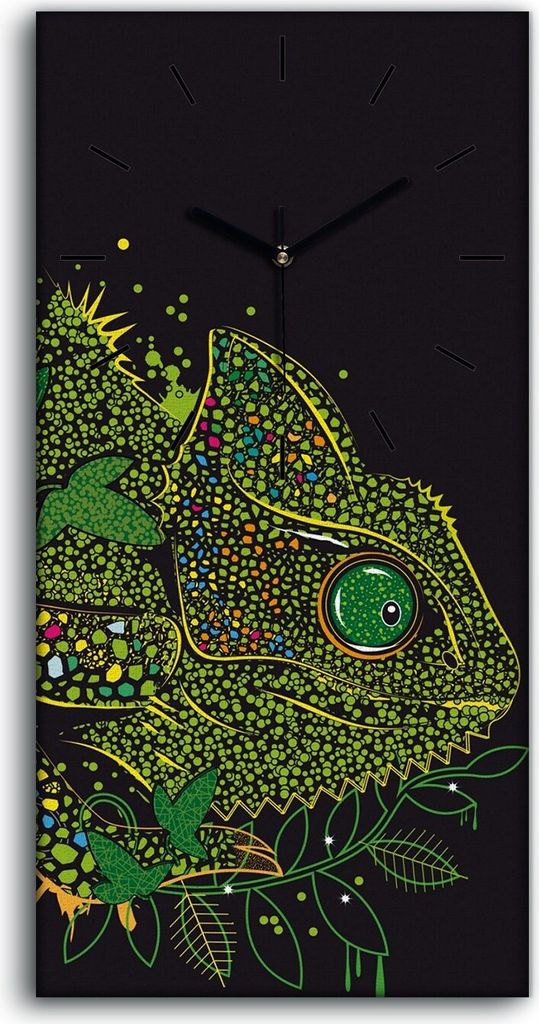 Wanduhr Uhr Wandbild Leinwand Geräuschlos 30x60 Abstrakte Kunst Chamäleon Tier - schwarze Hände
