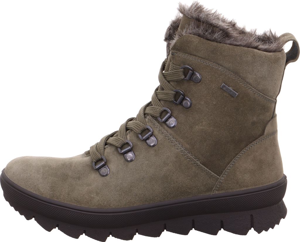 A side view of a green hiking boot with fur trim.