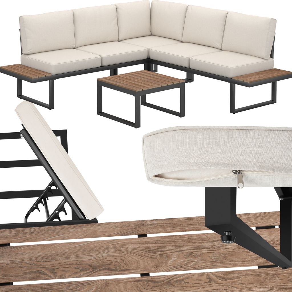 A collage of images showing a sectional outdoor furniture set, a coffee table, and close-ups of the cushions and frame.