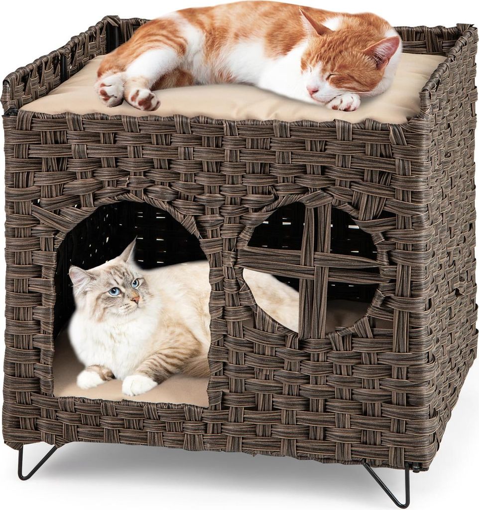 GOPLUS Katzenhaus Rattan, 2-stöckiges klappbares Katzenbett mit versteckter Höhle, oberer Plattform & 2 weichen Kissen, Katzenbetten für Indoor-...