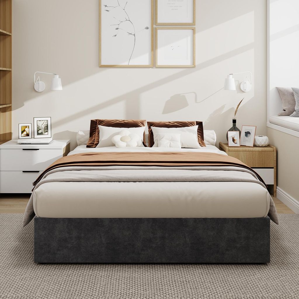 Sweiko Modern minimalist bed frame, 140x200CM, gray, Dutch velvet material, equipped with gas lift rods, modern style bedroom furniture, excluding ...