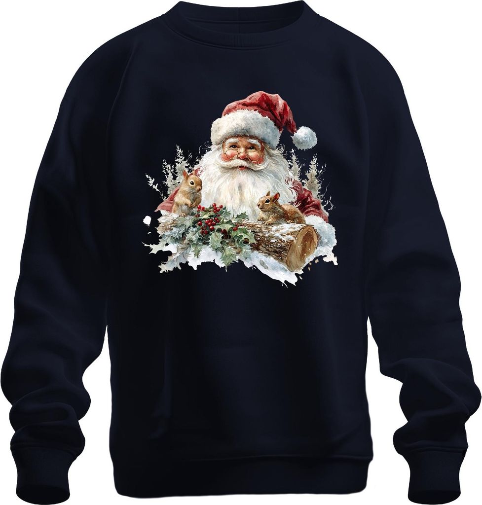 Weihnachtsmann Eichhörnchen Stechpalme Schnee Holzstamm Vintage Uni Sweatshirt Pullover, Navy, M