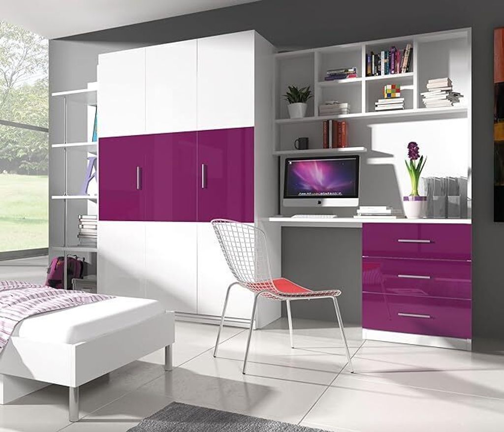 Jugendmöbel TOMI 3A Schrank, Regal, Schreibtisch Kindermöbel Hochglanz Jugendzimmer (Weiß / Violett)