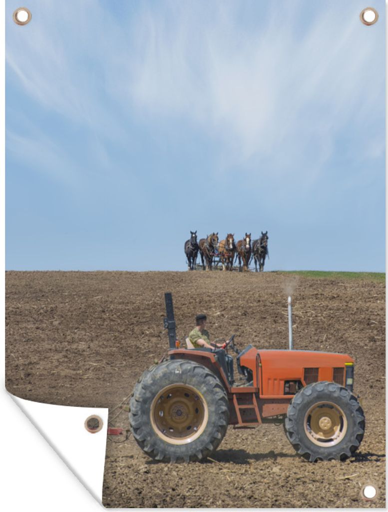 MuchoWow 90x120 cm Outdoor-Poster Gartendeko Sichtschutz Garten Poster für den Garten Landwirt mit Traktor und Pferden