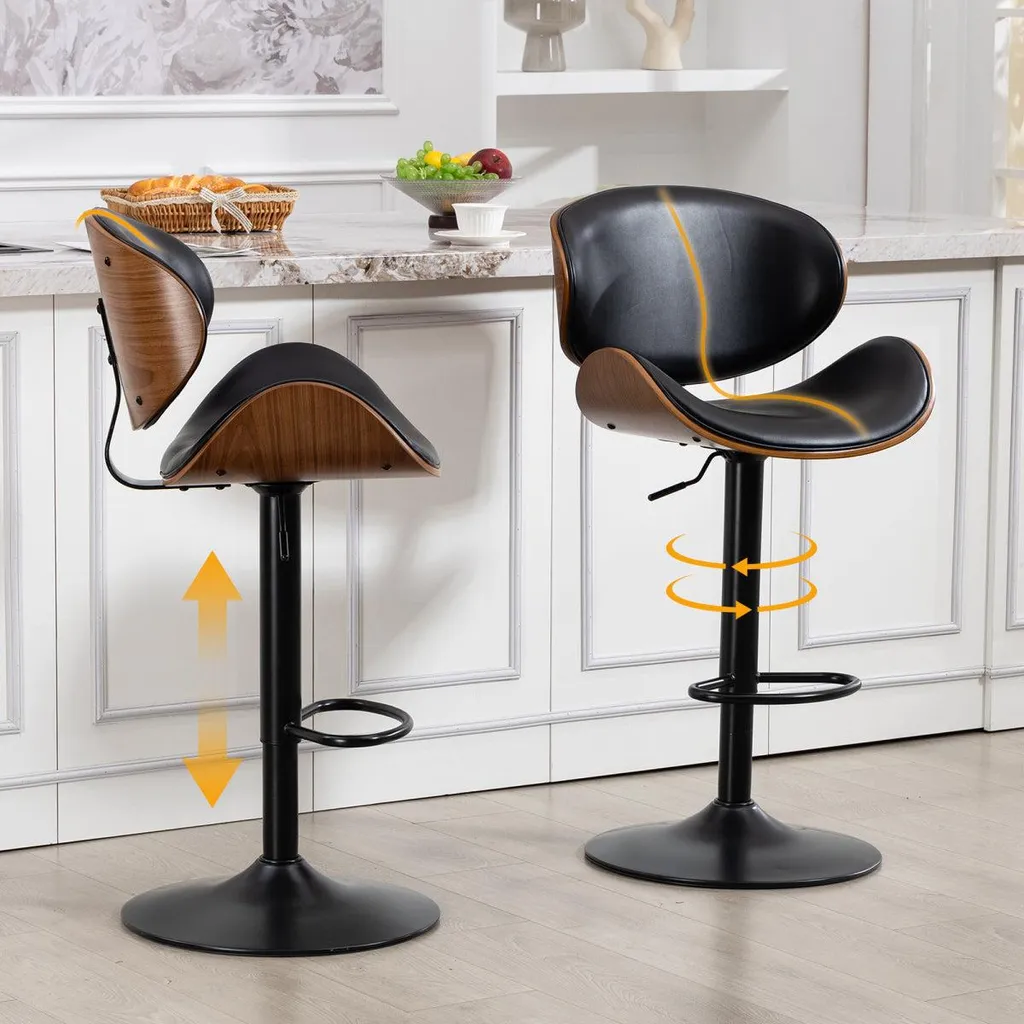 Tabouret de cuisine pivotant en similicuir et bois courbé naturel