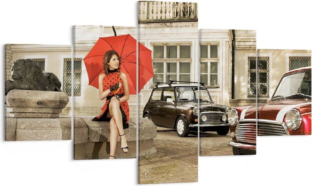 Bild auf Leinwand - Leinwandbild - Attraktiv Frau Spaziergang Regenschirm - 125x70cm - Wand Bild - Wanddeko - Leinwanddruck - Bilder - Kunstdruck -...