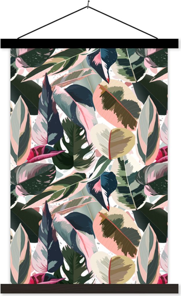 MuchoWow Textilposter Tropisch - Rosa - Blätter 40x60 cm mit schwarzem Rahmen - Wanddekorationen
