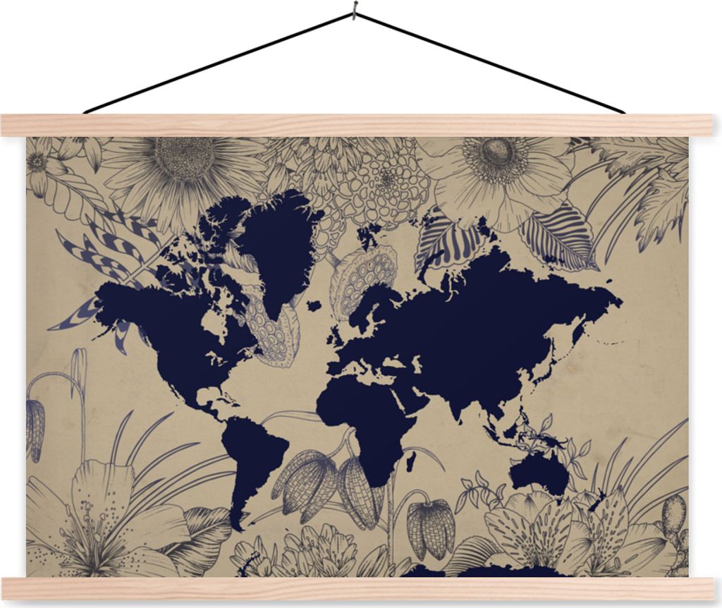 MuchoWow Textilposter Weltkarte - Blumen - Blau 120x80 cm mit holzfarbenen Rahmen - Aufhängeset