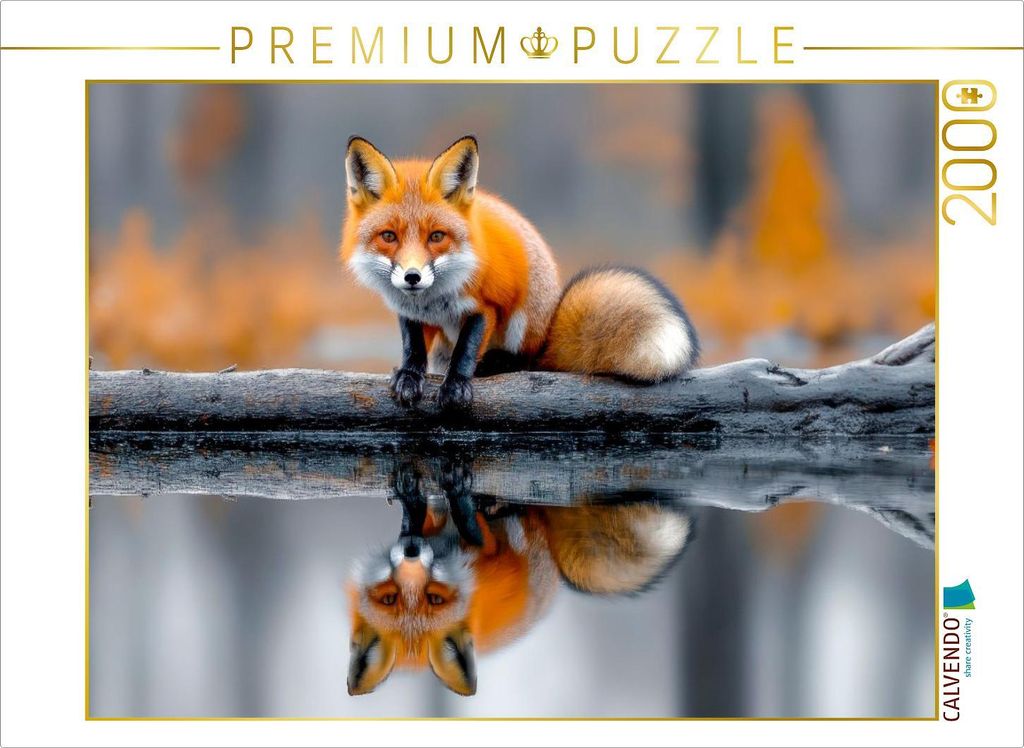 CALVENDO Puzzle Ein neugieriger Fuchs auf einem treibenden Baumstamm, umgeben von stillem Wasser | 2000 Teile Lege-Größe 90x67cm Foto-Puzzle für...