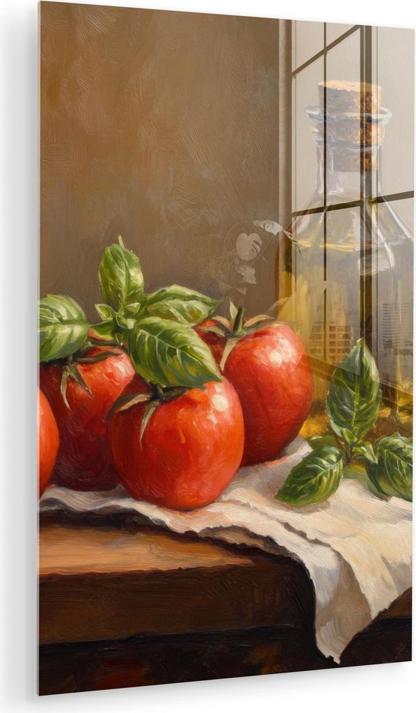 MuchoWow Glasbilder - Bilder auf Wandbild - Foto auf Glas Tomaten - Olivenöl - Stilleben 80x120 cm Wanddekoration aus Glas - Acrylglasbild - Acryl...